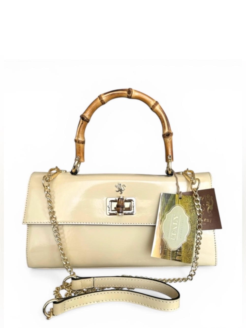 🆕 Pratesi Firenze Castalia Baguette Bag Patent Ivory Shoulder Bag